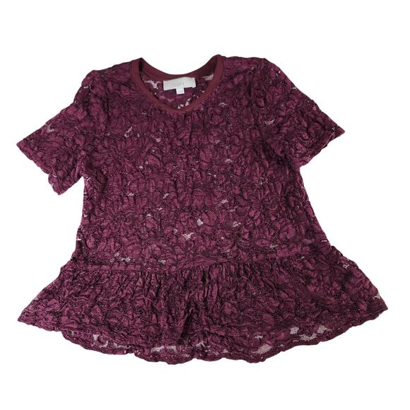 LOFT Women's Plum Floral Lace V-Neck Sz Medium Ruffle Hem Lace Top Romantic - Picture 1 of 6